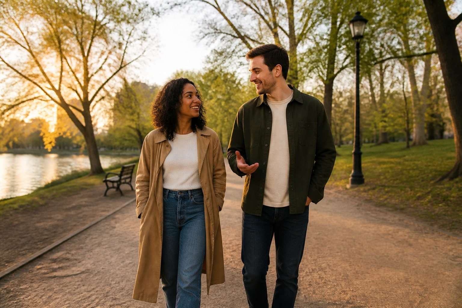 Pareja en sus primeras citas hablando durante un paseo por el parque